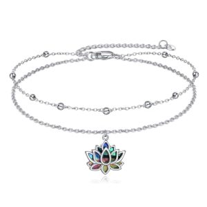 Lotus Flower Anklet S925 Sterling Silver Abalone Anklets for Women Lotus Layered Anklet Graduation Gifts Lotus Jewelry Gift for Wife Girlfriend Friends