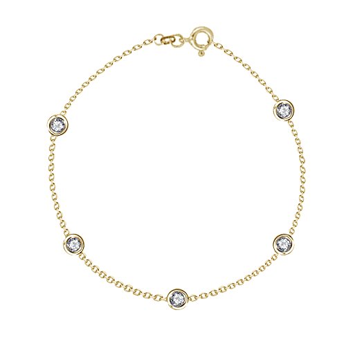 925 Sterling Silver or Yellow-Tone Cubic Zirconia CZ by the Yard Station Anklet or Necklace – Bezel Set Open-Back Round CZ Diamond-Shaped Link Chain – Italian-Made, Hypoallergenic, Gift Box Included