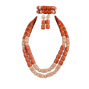 Nigerian Wedding African Beads Jewelry Set Women Imitation Coral Bead and Gold Accessorise 23.5 Inch Long Necklace Earrings and Bracelets