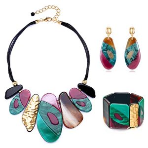 Statement Acrylic Jewelry Set for Women, Big Bohemian Multicolor Bib Necklaces Bangle Bracelet Dangle Earrings Chunky Jewelry Sets