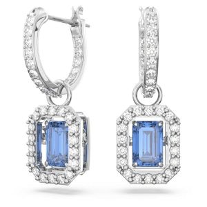 Una Earrings, Octagon cut Zirconia, Blue, Rhodium Finish